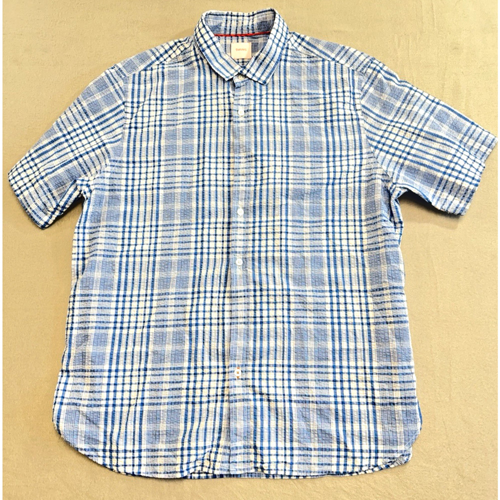 Swims Brand Sz XXL SS Blue Plaid Seersucker Button Up Shirt Nautical Preppy